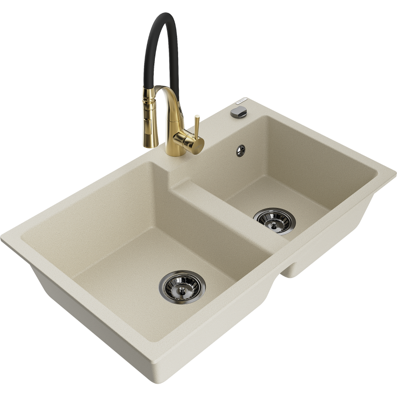 Mexen Tomas granitový dřez 2-komorový s kuchyňskou baterií Aster, béžový - 6516-69-73450-57-B