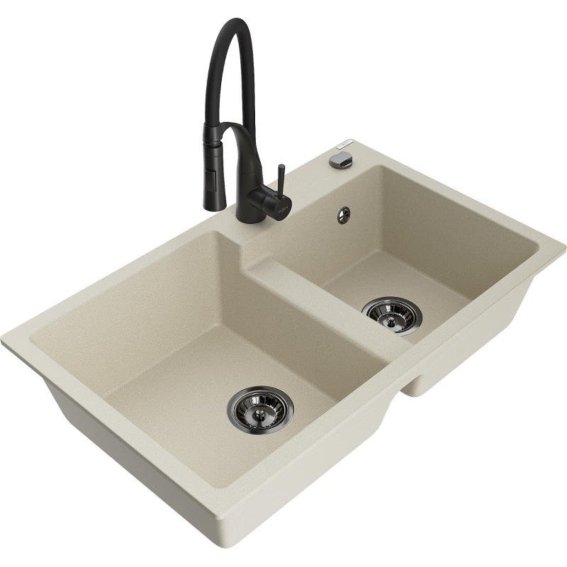 Mexen Tomas dřez granitový 2-komorový s kuchyňskou baterií Aster, béžový - 6516-69-73450-70-B