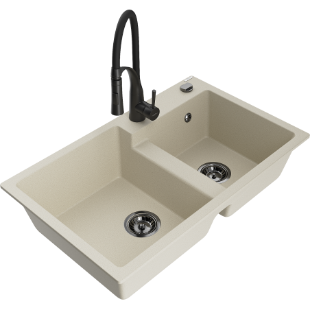Mexen Tomas dřez granitový 2-komorový s kuchyňskou baterií Aster, béžový - 6516-69-73450-70-B