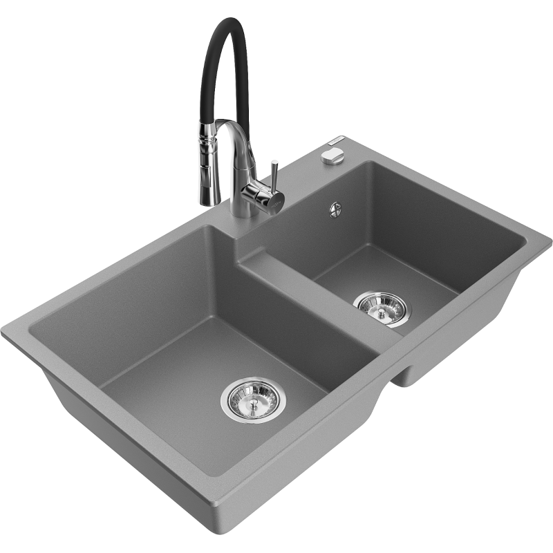 Mexen Tomas granitový dřez 2-komorový s kuchyňskou baterií Aster, šedý - 6516-71-73450-07