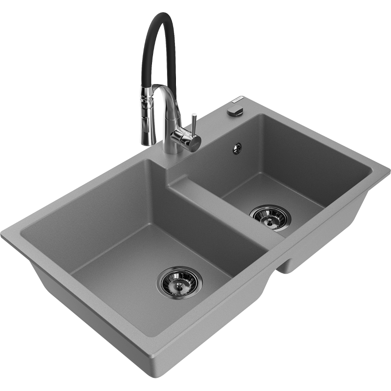 Mexen Tomas granitový dřez 2-komorový s kuchyňskou baterií Aster, šedý - 6516-71-73450-07-B