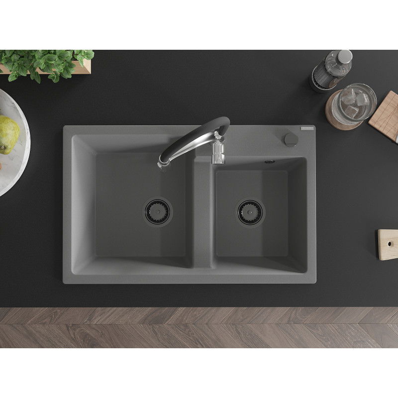 Mexen Tomas granitový dřez 2-komorový s kuchyňskou baterií Aster, šedý - 6516-71-73450-07-B
