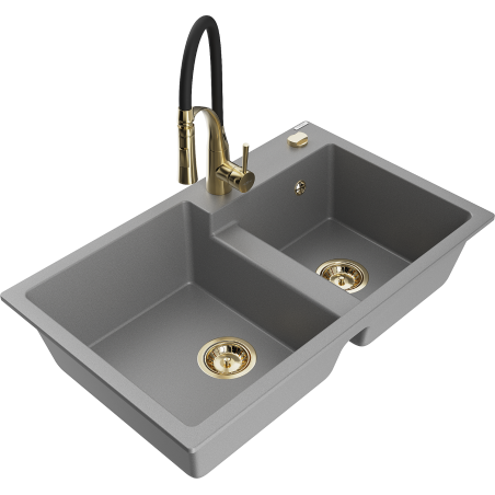 Mexen Tomas žulový dřez 2komorový s kuchyňskou baterií Aster, šedý - 6516-71-73450-57-G