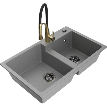 Mexen Tomas dřez granitový 2-komorový s kuchyňskou baterií Aster, šedý - 6516-71-73450-57-B