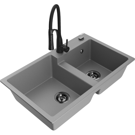 Mexen Tomas granitový dřez 2-komorový s kuchyňskou baterií Aster, šedý - 6516-71-73450-70-B