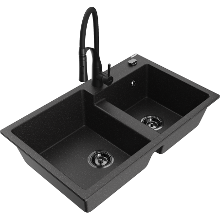 Mexen Tomas granitový dvojkomorový dřez s kuchyňskou baterií Aster, černý/stříbrný metalik - 6516-73-73450-70-B