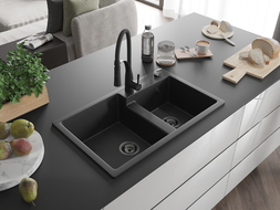 Mexen Tomas granitový dvojkomorový dřez s kuchyňskou baterií Aster, černý/stříbrný metalik - 6516-73-73450-70-B