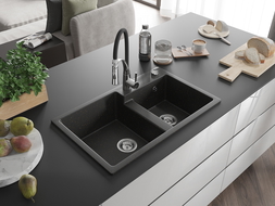 Mexen Tomas dřez žulový 2-komorový s kuchyňskou baterií Aster, černý/zlatý metalik - 6516-75-73450-07