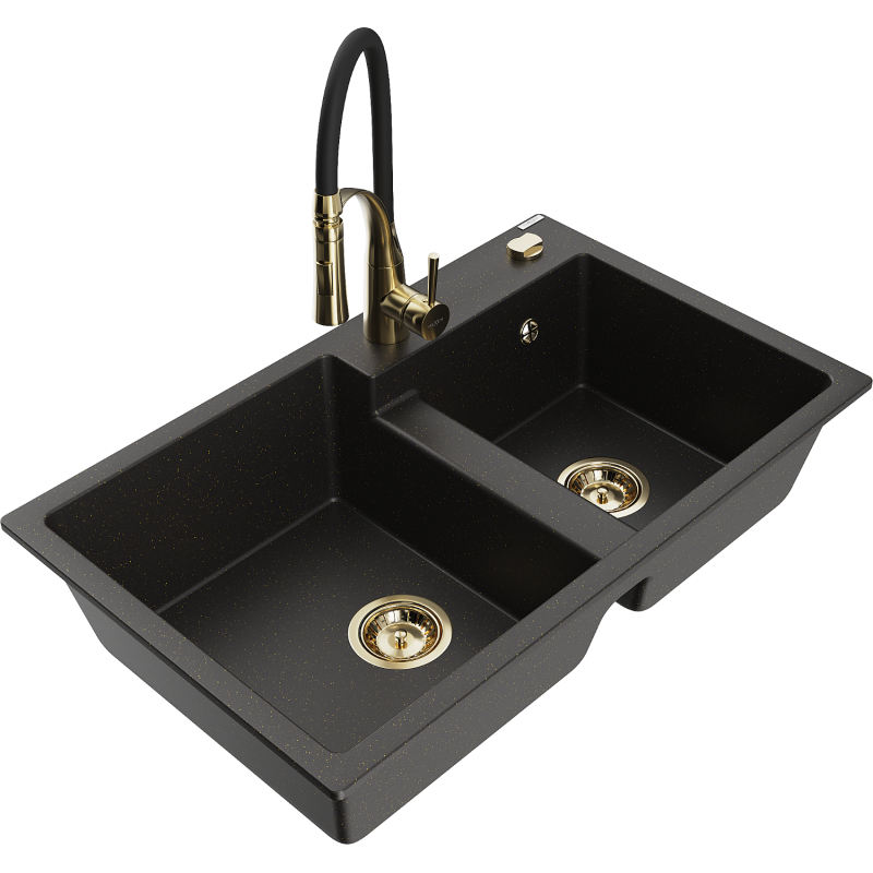 Mexen Tomas dvojkomorový žulový dřez s kuchyňskou baterií Aster, černý/zlatý metalík - 6516-75-73450-57-G
