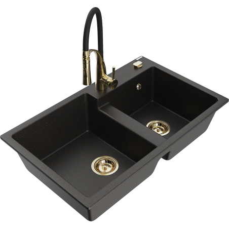 Mexen Tomas dvojkomorový žulový dřez s kuchyňskou baterií Aster, černý/zlatý metalík - 6516-75-73450-57-G