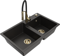 Mexen Tomas dvojkomorový žulový dřez s kuchyňskou baterií Aster, černý/zlatý metalík - 6516-75-73450-57-G