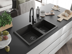 Mexen Tomas dřez granitový 2-komorový s kuchyňskou baterií Aster, černý/zlatý metalik - 6516-75-73450-70-B