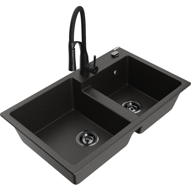 Mexen Tomas dřez granitový 2-komorový s kuchyňskou baterií Aster, černý/zlatý metalik - 6516-75-73450-70-B