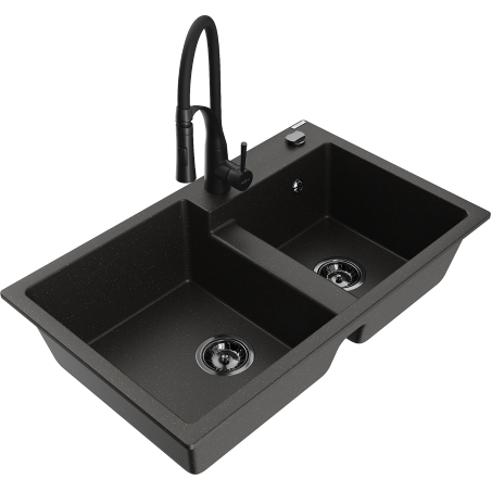 Mexen Tomas dřez granitový 2-komorový s kuchyňskou baterií Aster, černý/zlatý metalik - 6516-75-73450-70-B