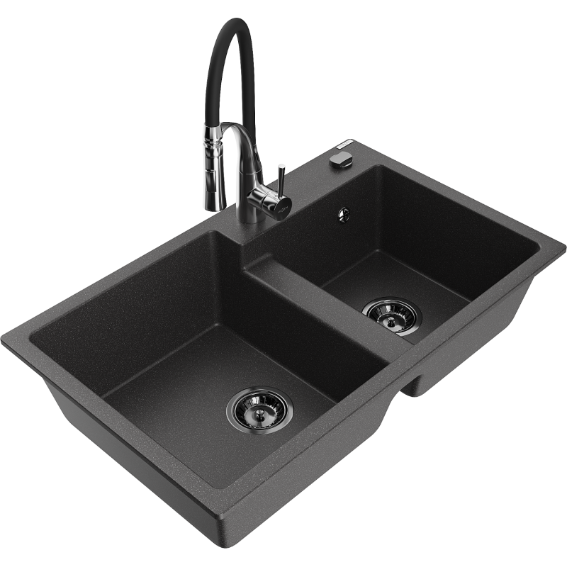 Mexen Tomas dvoukomorový dřez z granitu s kuchyňskou baterií Aster, černý skvrnitý - 6516-76-73450-07-B