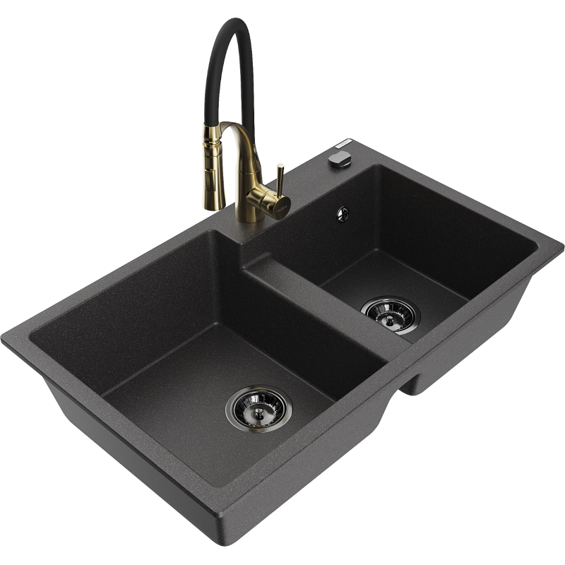 Mexen Tomas granitový dřez 2-komorový s kuchyňskou baterií Aster, černo-posypaný - 6516-76-73450-57-B