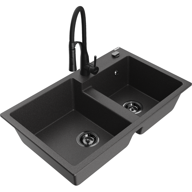 Mexen Tomas žulový dřez se 2 komorami a kuchyňskou baterií Aster, černý s tečkami - 6516-76-73450-70-B