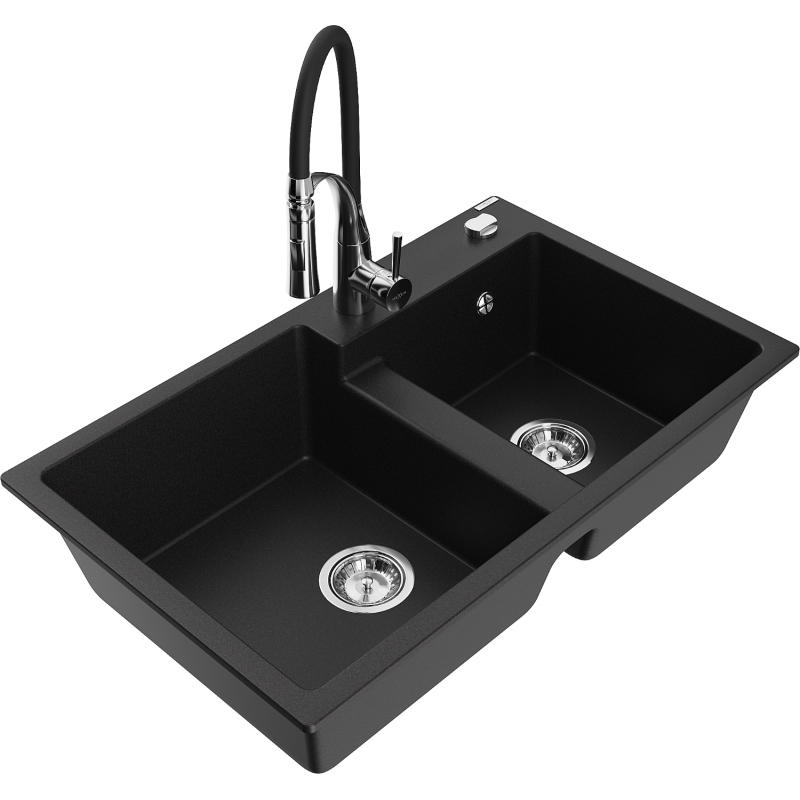 Mexen Tomas granitový dřez 2komorový s kuchyňskou baterií Aster, černý - 6516-77-73450-07
