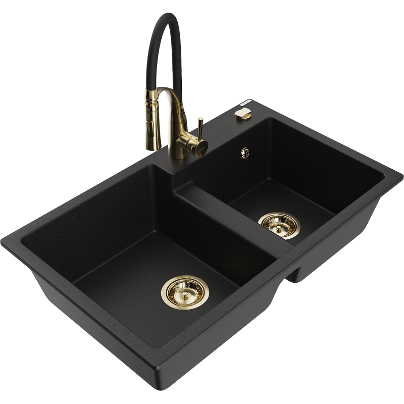 Mexen Tomas dřez žulový 2-komorový s kuchyňskou baterií Aster, černý - 6516-77-73450-57-G