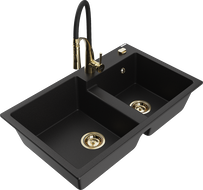 Mexen Tomas dřez žulový 2-komorový s kuchyňskou baterií Aster, černý - 6516-77-73450-57-G