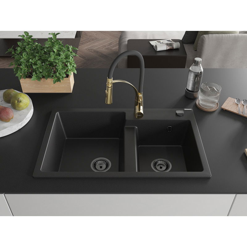 Mexen Tomas granitový dřez 2-komorový s kuchyňskou baterií Aster, černý - 6516-77-73450-57-B