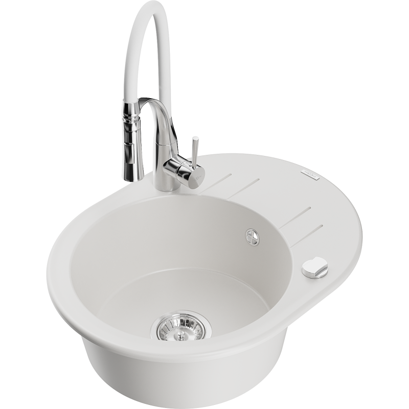 Mexen Kevin granitový dřez 1-komorový s odkapávačem a kuchyňskou baterií Aster, bílý - 6517-20-73450-02