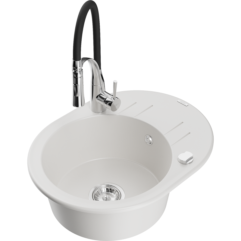 Mexen Kevin žulový dřez 1-komorový s odkapávačem a kuchyňskou baterií Aster, bílý - 6517-20-73450-07