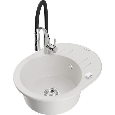 Mexen Kevin žulový dřez 1-komorový s odkapávačem a kuchyňskou baterií Aster, bílý - 6517-20-73450-07