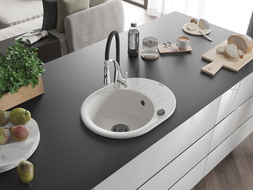 Mexen Kevin granitový dřez 1-komorový s odkapávačem a kuchyňskou baterií Aster, bílý - 6517-20-73450-07-B