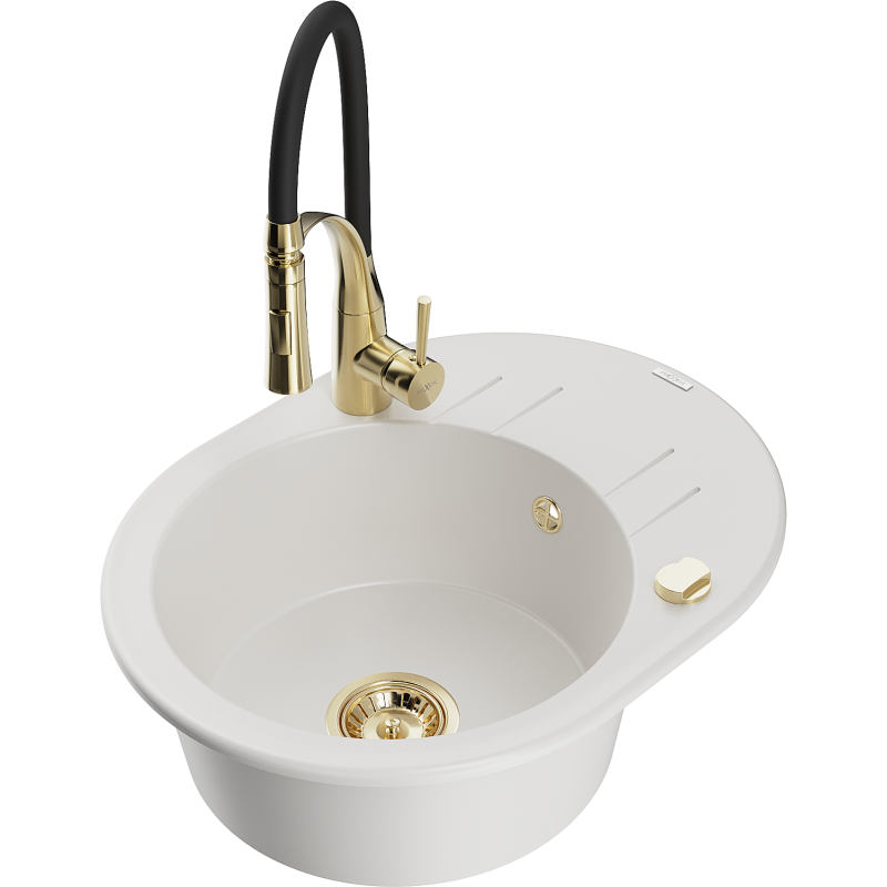 Mexen Kevin granitový dřez s odkapávačem a kuchyňskou baterií Aster, bílý - 6517-20-73450-57-G