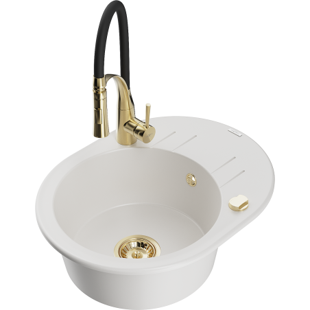 Mexen Kevin granitový dřez s odkapávačem a kuchyňskou baterií Aster, bílý - 6517-20-73450-57-G