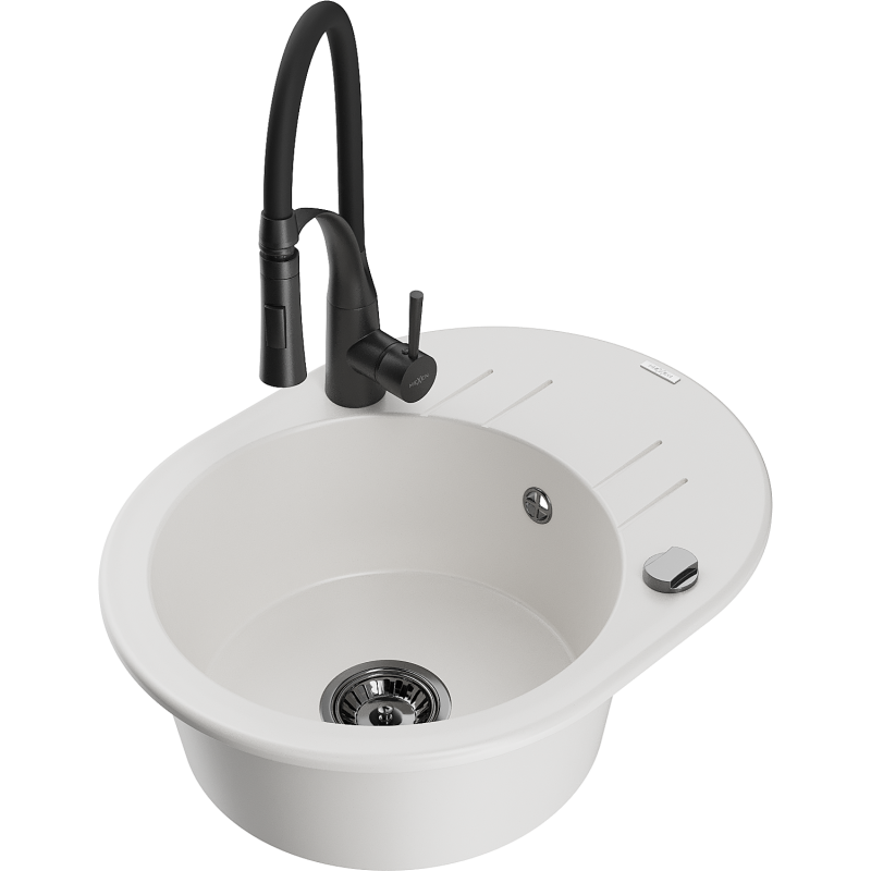 Mexen Kevin granitový dřez 1-komorový s odkapávačem a kuchyňskou baterií Aster, bílý - 6517-20-73450-70-B