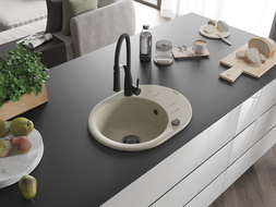 Mexen Kevin granitový dřez 1-komorový s odkapávačem a kuchyňskou baterií Aster, béžový - 6517-69-73450-70-B