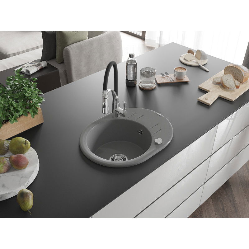 Mexen Kevin granitový dřez s odkapávačem a kuchyňskou baterií Aster, šedý - 6517-71-73450-07