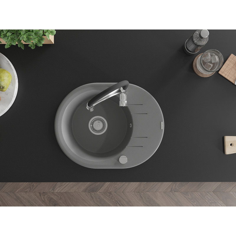 Mexen Kevin granitový dřez s odkapávačem a kuchyňskou baterií Aster, šedý - 6517-71-73450-07