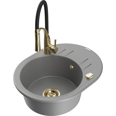 Mexen Kevin granitový dřez 1-komorový s odkapávačem a kuchyňskou baterií Aster, šedý - 6517-71-73450-57-G