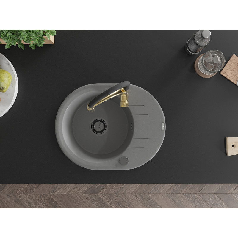 Mexen Kevin jednorázový dřez z granitu s odkapávačem a kuchyňskou baterií Aster, šedá - 6517-71-73450-57-B