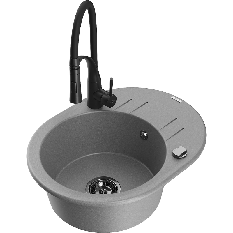 Mexen Kevin granitový kuchyňský dřez 1-komorový s odkapávačem a kuchyňskou baterií Aster, šedý - 6517-71-73450-70-B