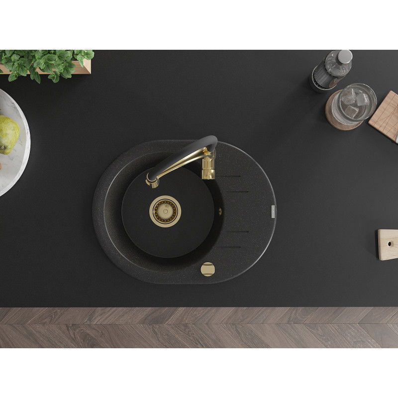 Mexen Kevin granitový dřez 1-komorový s odkapávačem a kuchyňskou baterií Aster, černá/stříbrná metalíza - 6517-73-73450-57-G