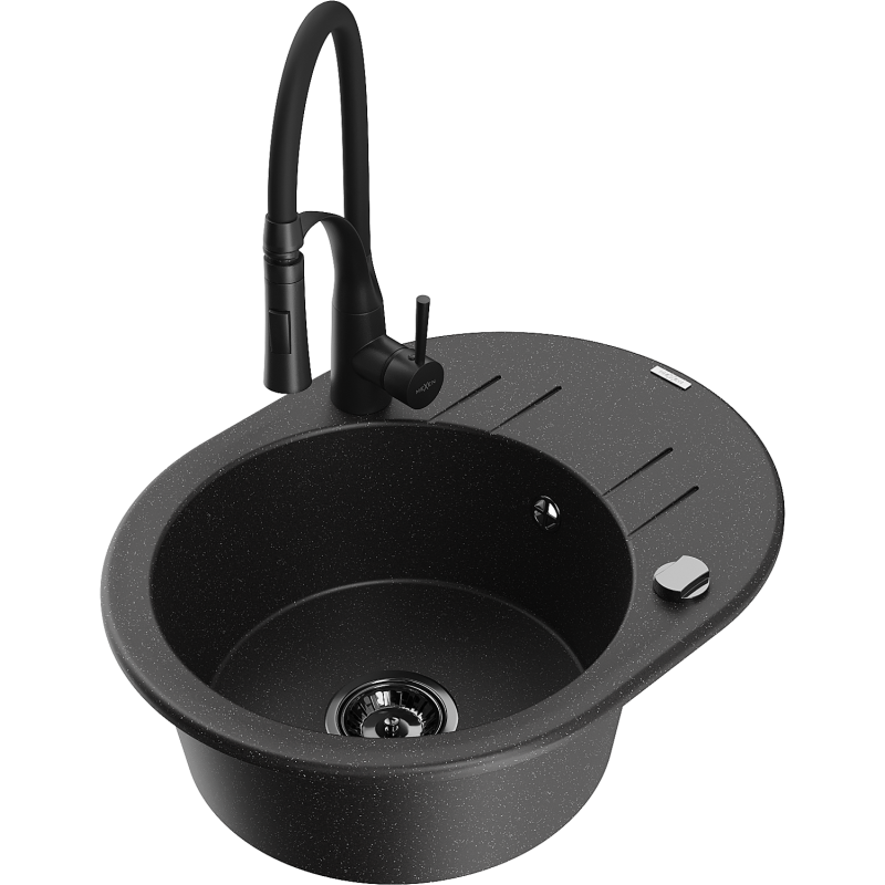 Mexen Kevin granitový dřez s 1 komorou, odkapávačem a kuchyňskou baterií Aster, černý/stříbrný metalík - 6517-73-73450-70-B