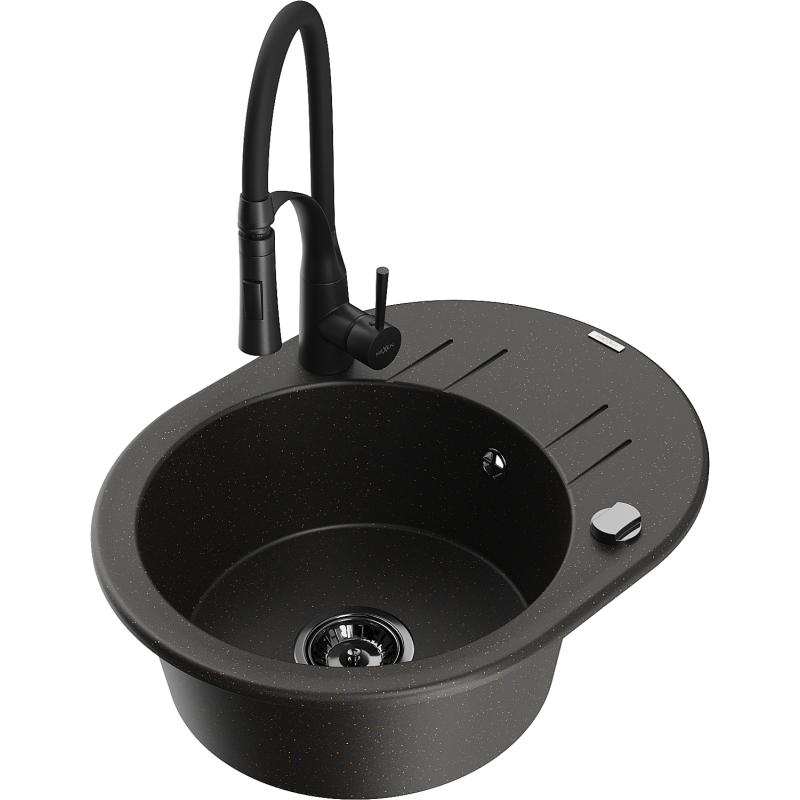 Mexen Kevin granitový dřez 1-komorový s odkapávačem a kuchyňskou baterií Aster, černý/zlatý metalik - 6517-75-73450-70-B