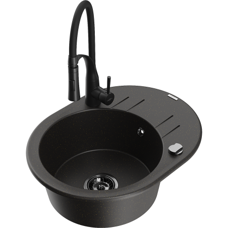 Mexen Kevin granitový dřez 1-komorový s odkapávačem a kuchyňskou baterií Aster, černý/zlatý metalik - 6517-75-73450-70-B