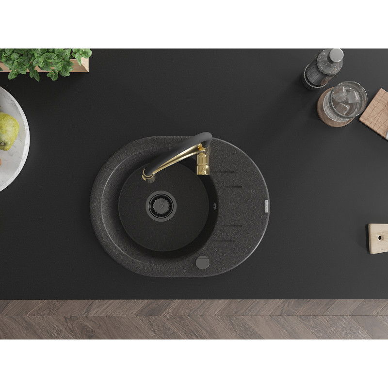 Mexen Kevin Granitový dřez s odkapávačem a kuchyňskou baterií Aster, černý s tečkami - 6517-76-73450-57-B