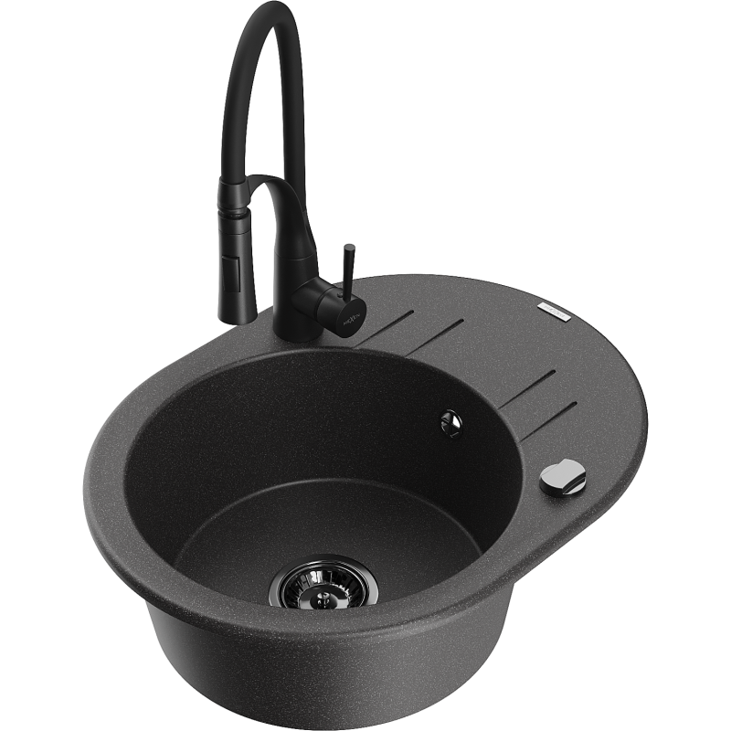 Mexen Kevin granitový dřez 1-komorový s odkapávačem a kuchyňskou baterií Aster, černý skvrnitý - 6517-76-73450-70-B