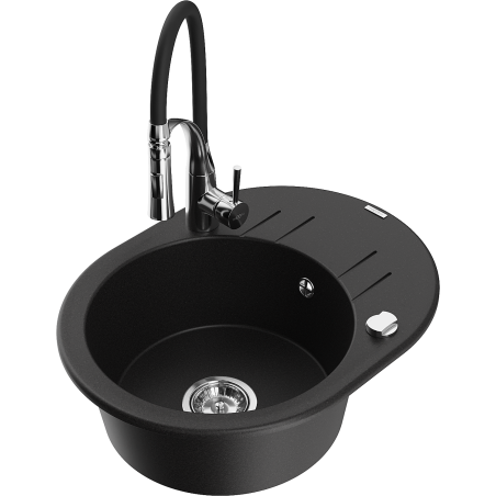Mexen Kevin granitový dřez 1-komorový s odkapávačem a kuchyňskou baterií Aster, černý - 6517-77-73450-07