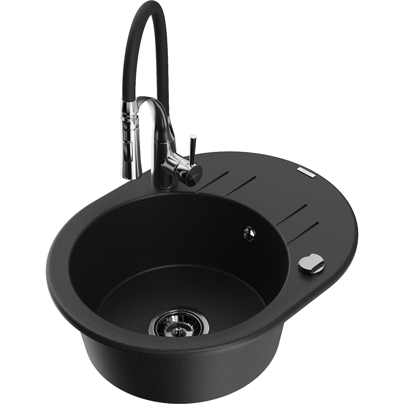 Mexen Kevin granitový dřez 1-komorový s odkapávačem a kuchyňskou baterií Aster, černý - 6517-77-73450-07-B