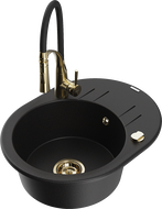 Mexen Kevin granitový kuchyňský dřez 1-komorový s odkapávačem a kuchyňskou baterií Aster, černý - 6517-77-73450-57-G