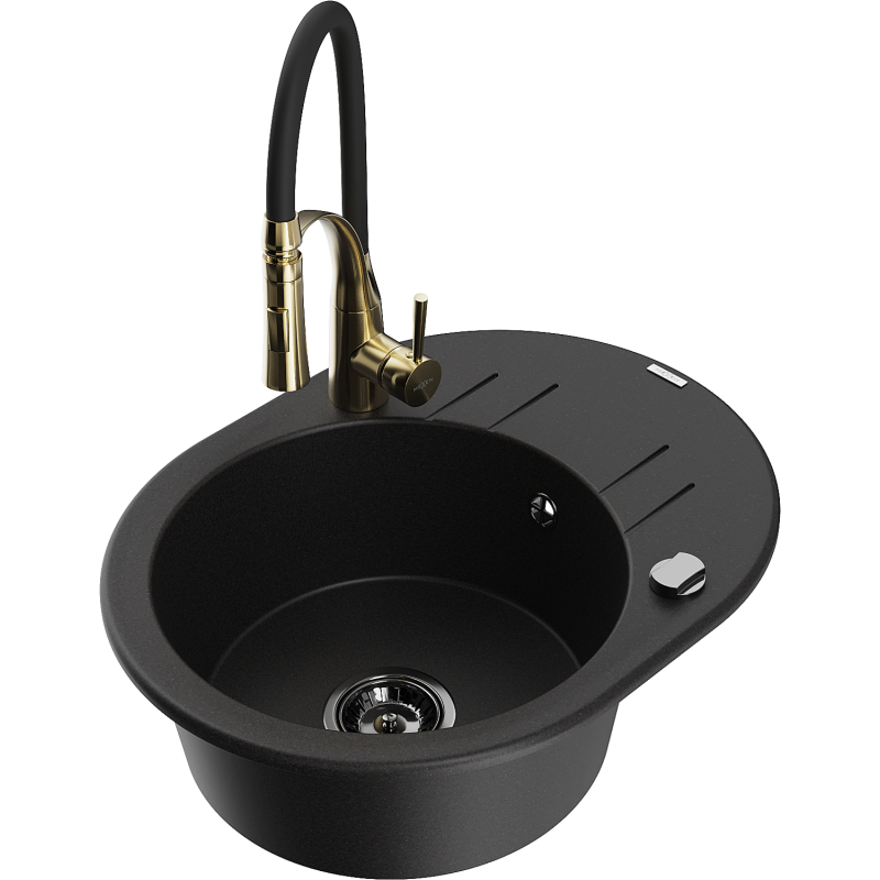 Mexen Kevin granitový dřez 1-komorový s odkapávačem a kuchyňskou baterií Aster, černý - 6517-77-73450-57-B