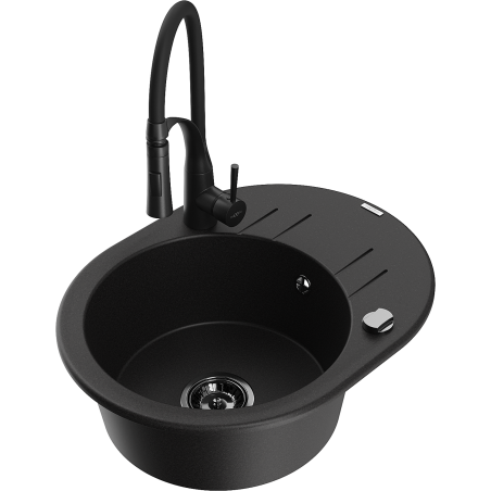 Mexen Kevin granitový dřez 1-komorový s odkapávačem a kuchyňskou baterií Aster, černý - 6517-77-73450-70-B