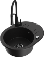 Mexen Kevin granitový dřez 1-komorový s odkapávačem a kuchyňskou baterií Aster, černý - 6517-77-73450-70-B